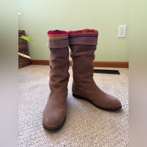 Brown Suede Women's Boots with Colorful Trim